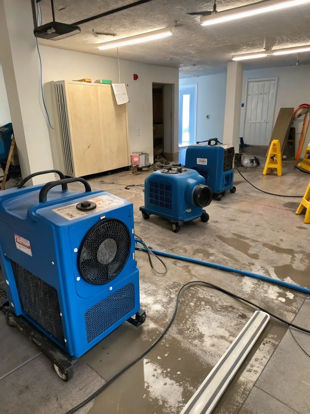 A photo of TWM Water Restoration Houston's drying and dehumidification process, showcasing industrial dehumidifiers and air movers in a water-damaged room.