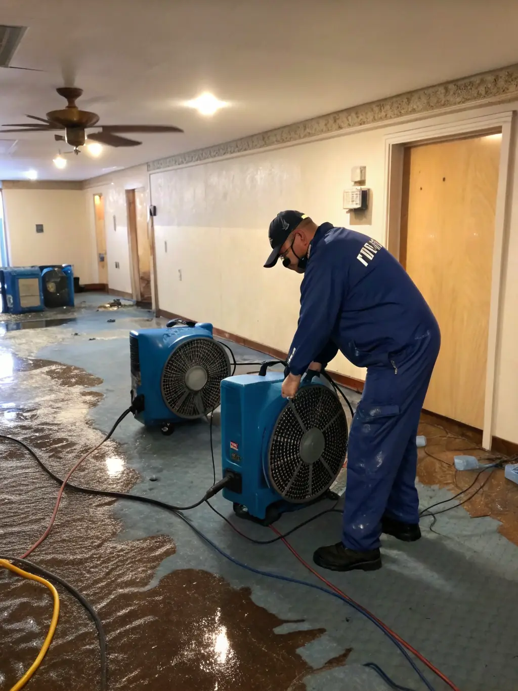 Technicians setting up industrial dehumidifiers and air movers in a water-damaged room, ensuring thorough drying.
