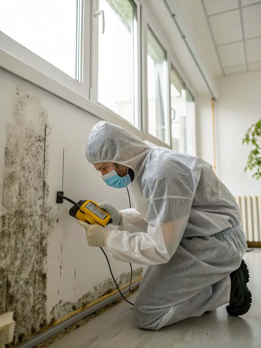 A technician inspecting mold growth behind drywall with protective gear, identifying and containing the mold.