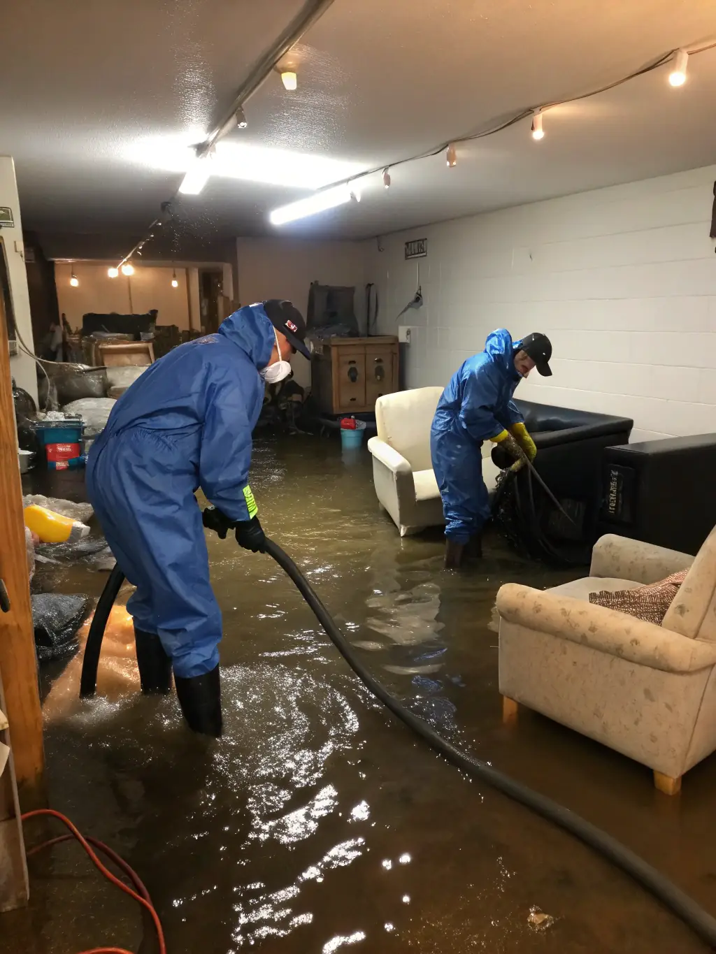 A professional technician using industrial water extraction equipment in a flooded basement, removing water quickly and efficiently.